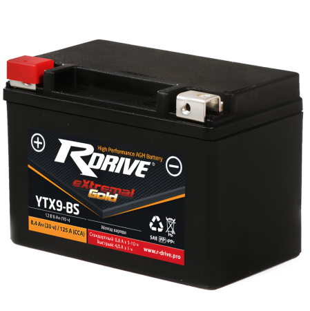 Аккумулятор Rdrive eXtremal Gold YTX9-BS емк.8,4А/ч п.т.125а