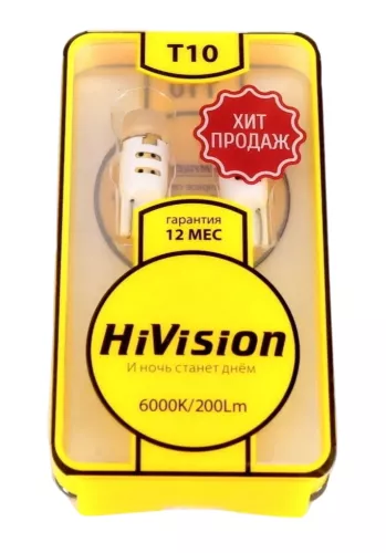 Лампа светодиодная "HiVision" T10 6000K 3W 200Lm (W2.*9.5d) 12V/24V 2шт Лампа светодиодная "HiVision" T10 6000K 3W 200Lm (W2.*9.5d) 12V/24V 2шт