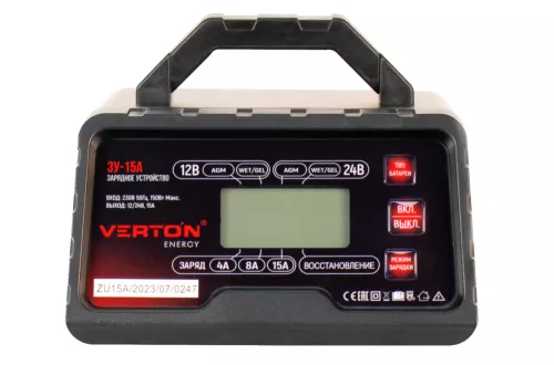 Фото зарядное устройство verton energy (12/24вт, 2/6/10а, 2,2-200ач, lcd) зу-15а Зарядное устройство VERTON Energy (12/24Вт, 2/6/10А, 2,2-200Ач, LCD) ЗУ-15А